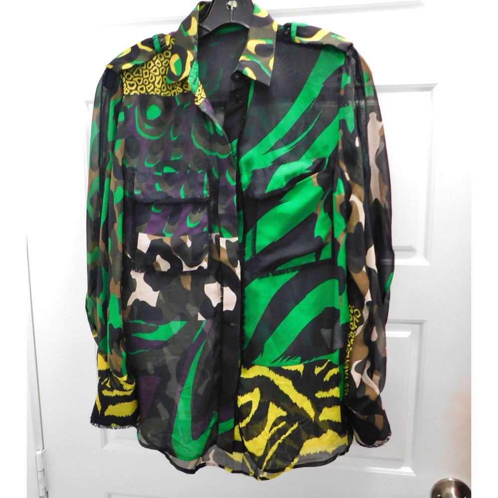 Versace Silk‎ Animal Print Shirt Green Black Brown Yellow sz 38